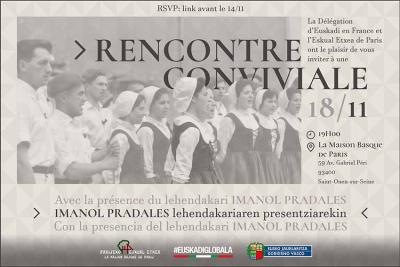 Harrera ekitaldia datorren asteartean, azaroaren 18an, Imanol Pradales lehendakariarekin, Pariseko Euskal Etxean