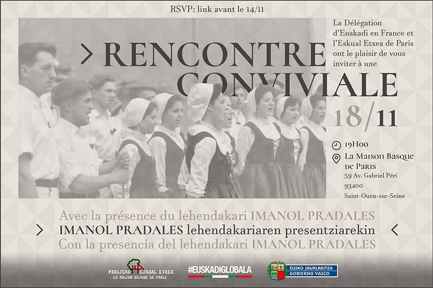 Harrera ekitaldia datorren asteartean, azaroaren 18an, Imanol Pradales lehendakariarekin, Pariseko Euskal Etxean