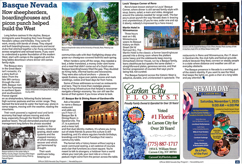 Nevadako euskaldunei buruzko bi orrialdeko artikulua 2025eko 'Nevada Day'ko urtekarian, kabalkada ospaturik Carson Cityn