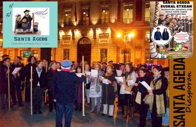 Irudi nagusian Santa Agedako koruak Madrilen eta bi laukietan, Boiseko eta Valentziako aurtengo Santa Ageda bannerrak
