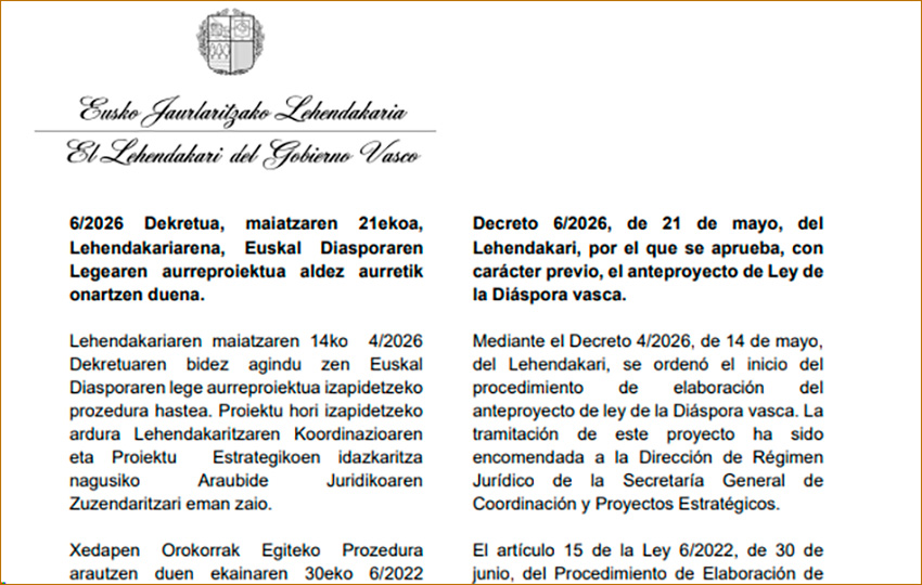 Pradales Lehendakariak euskal etxe guztietara bidalitako aurreproiektua egun dagoen moduan, iritzi eta proposamenak biltzeko