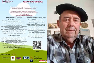 Nazioarteko Sinposioko kartela programarekin eta, eskuinean, Omenaldia jasoko duen Renoko Jesus Goñi bertsolari oronoztarra