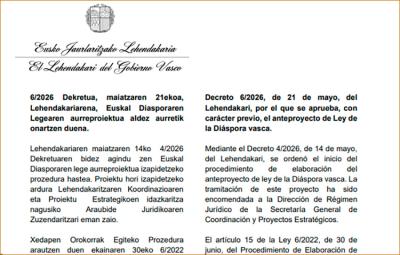 Pradales Lehendakariak euskal etxe guztietara bidalitako aurreproiektua egun dagoen moduan, iritzi eta proposamenak biltzeko