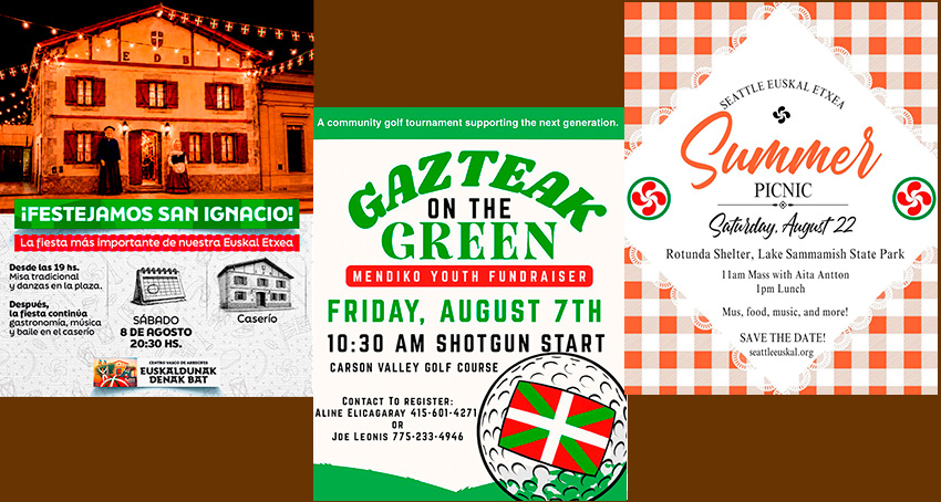 Hiru euskal festa abuztuan, Arrecifesko San Ignazioak; gazteen golfa Gardnervillen (Nevada); eta Seattle-ko piknika (Washington)
