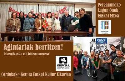 Pergaminoko Lagun Onak Euskal Etxeko Zuzendaritza batzorde berria (goian) eta Gerora Córdobako Euskal Kultur Etxekoa (eskuinean) 