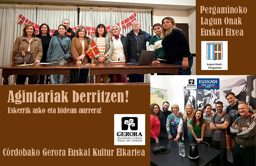 Pergaminoko Lagun Onak Euskal Etxeko Zuzendaritza batzorde berria (goian) eta Gerora Córdobako Euskal Kultur Etxekoa (eskuinean) 