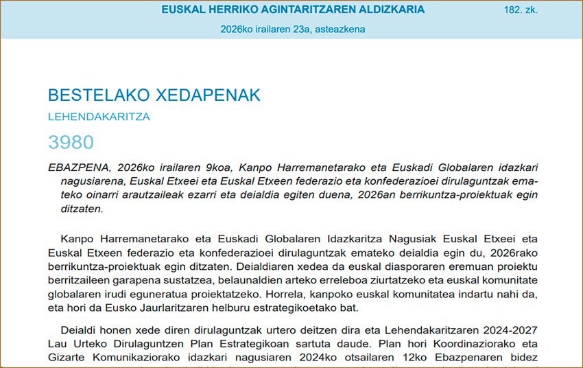 Euskal Etxeetan eta euren federazioetan berrikuntza proiektuak gauzatzeko eskabideak aurkezteko epea urriaren 24era artekoa da